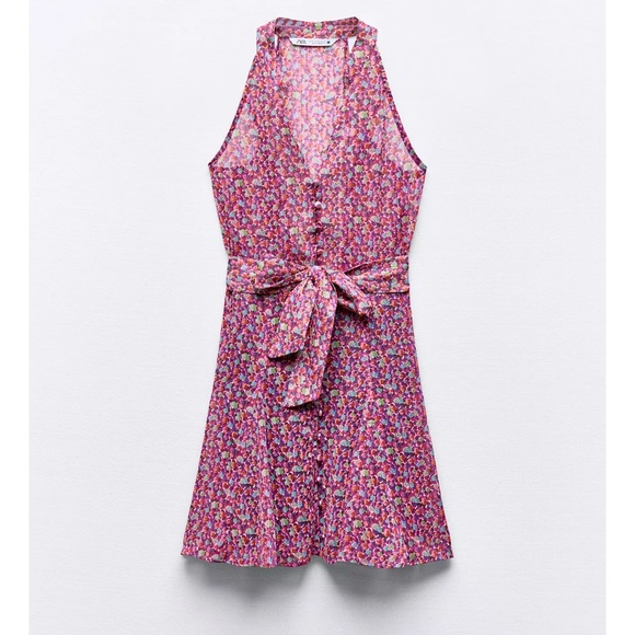 ZARA Floral Tie Waist Mini Dress Pink Multicolor Romantic - Picture 3 of 10